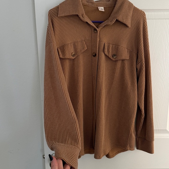 Brown Ribbed Button-Up Shirt - Picture 1 of 2